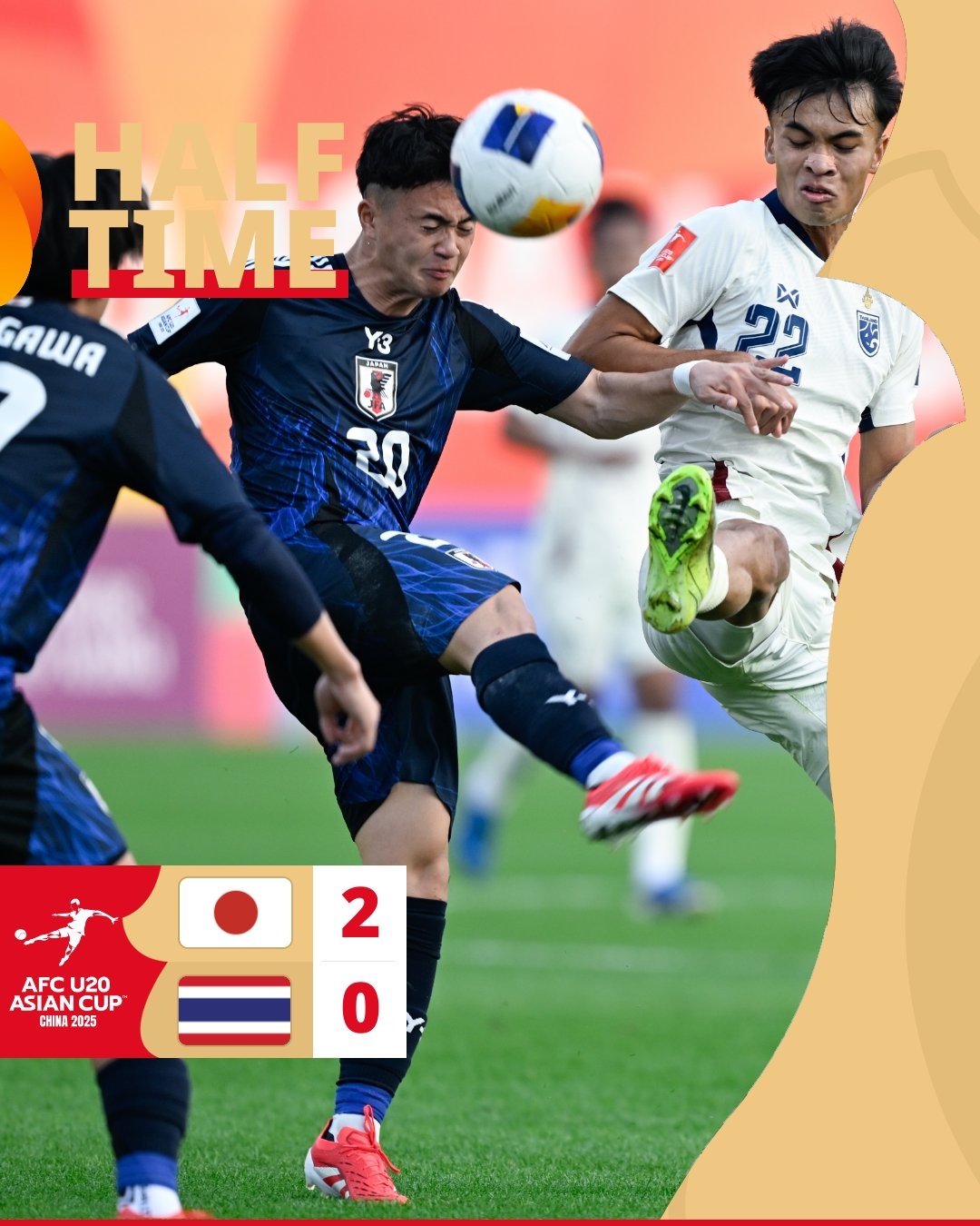  半場-日本U20 2-0領先泰國U20，石井久繼破門+中柱 泰國0射正