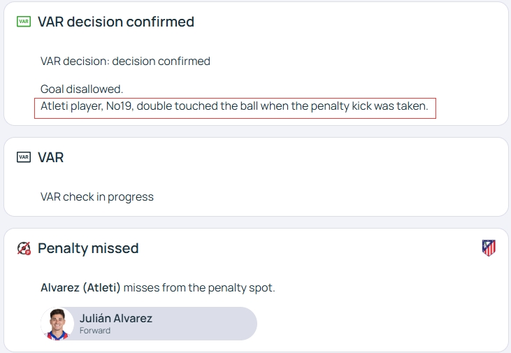  官方明確！歐冠官網(wǎng)：阿爾瓦雷斯罰點(diǎn)時2次觸球，VAR決定進(jìn)球無效